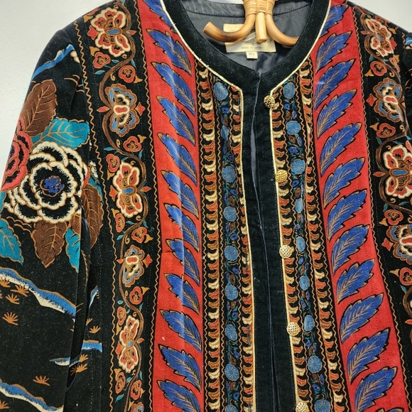 Vintage 80s Saxton Hall rose botanical peacock print Velvet Jacket - Picture 4 of 13
